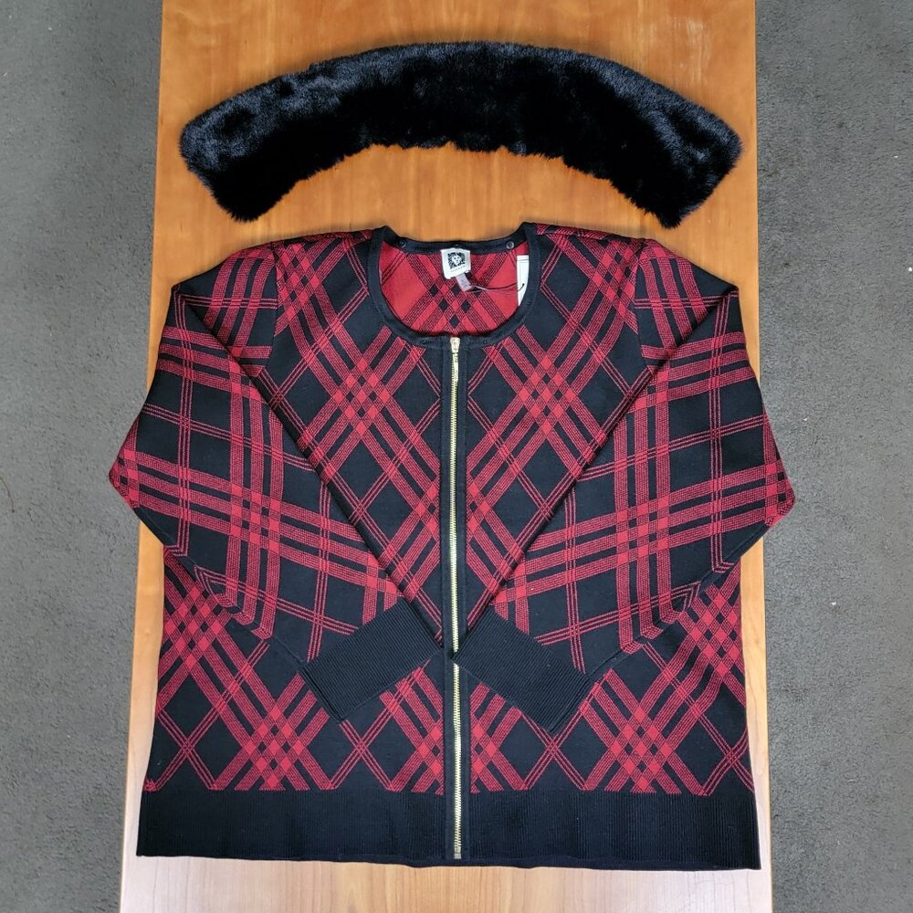 NWT Anne Klein Black & Red Full Zip Sweater Removable Faux Fur Collar - XL - Picture 9 of 15